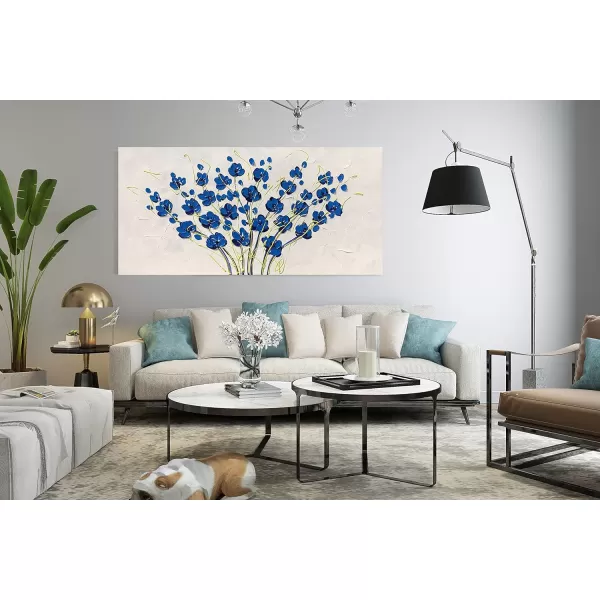 Yihui Arts Blue Flower Canvas Wall Art Painting Pictures Modern 3D Effect Artwork with Framed for Living Room Decor