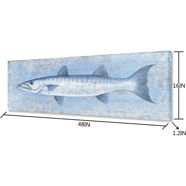 Yihui Arts Canvas Wall Art Hand Painted Abstract Tuna Fish Painting Modern Artwork Coastal Pictures in Blue and White Color for Bedroom Decoration