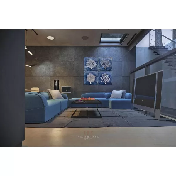 Yihui Arts Coastal Wall Art Hand Painted Navy Blue and White Tree Pictures Modern Abstract Canvas Artwork for Living Room Bedroom Dinning Decoration