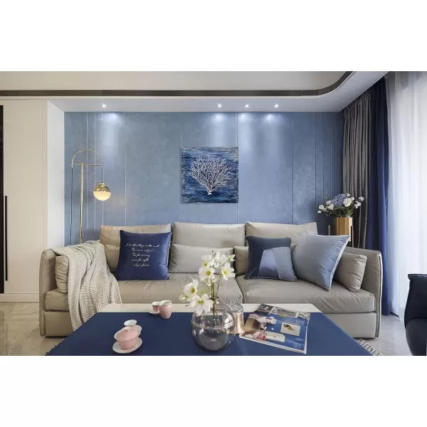 Yihui Arts Coastal Wall Art Hand Painted Navy Blue and White Tree Pictures Modern Abstract Canvas Artwork for Living Room Bedroom Dinning Decoration