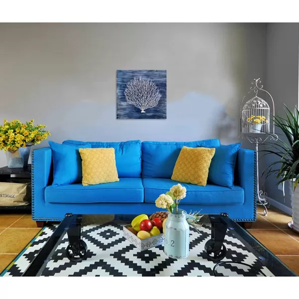 Yihui Arts Coastal Wall Art Hand Painted Navy Blue and White Tree Pictures Modern Abstract Canvas Artwork for Living Room Bedroom Dinning Decoration