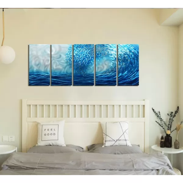 Yihui Arts Handcrafted Colorful Fish Metal Wall Art, Large Metal Wall Art in Modern Ocean Design, 3D Wall Art for Modern and Contemporary Decor, 5-Panels, Metal Wall Decor Works