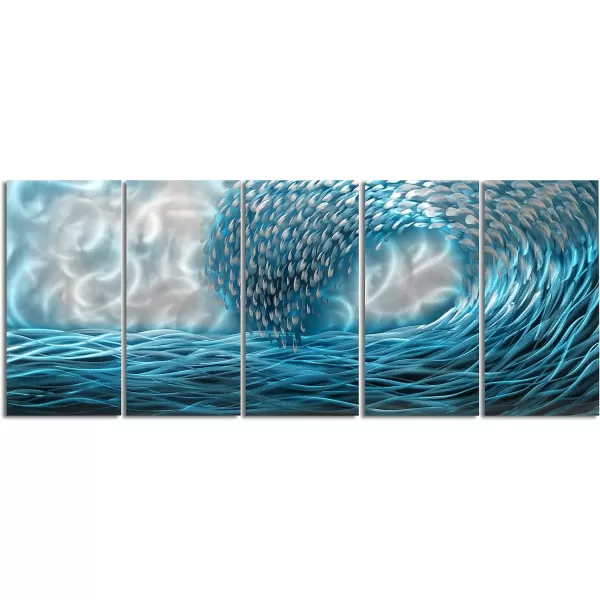Yihui Arts Handcrafted Colorful Fish Metal Wall Art, Large Metal Wall Art in Modern Ocean Design, 3D Wall Art for Modern and Contemporary Decor, 5-Panels, Metal Wall Decor Works