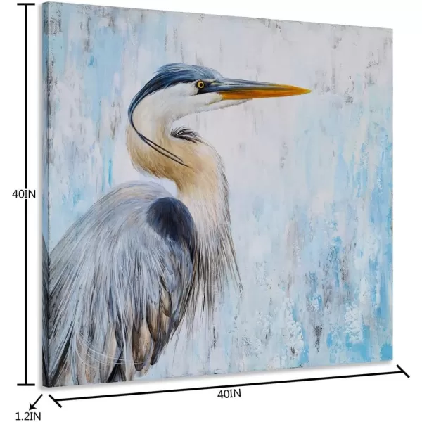 Yihui Arts Heron Canvas Wall Art - Blue and Grey Bird Paintings with Textured - Modern Coastal Pictures - Square Ocean Artwork for Living Room Bathroom Decor