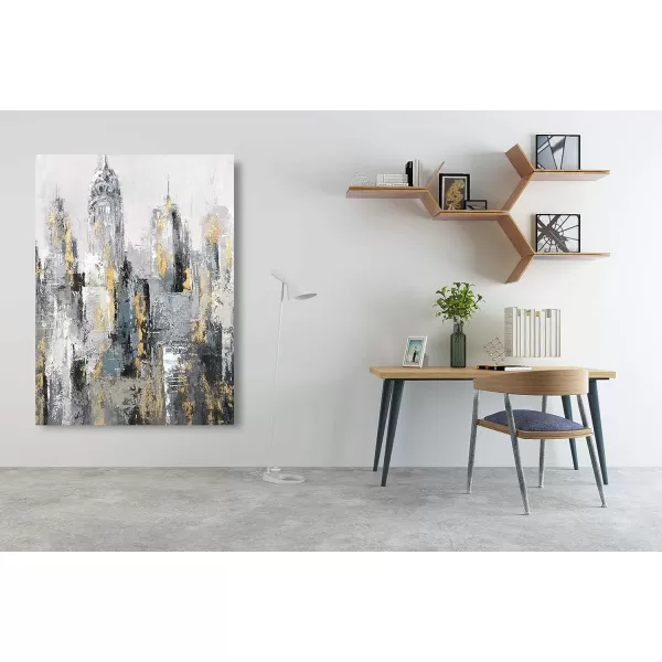 Yihui Arts Modern Abstract Chicago City Canvas Wall Art Painting with Gold Foil Hand Painted Skyline Pictures for Bedroom Decoration