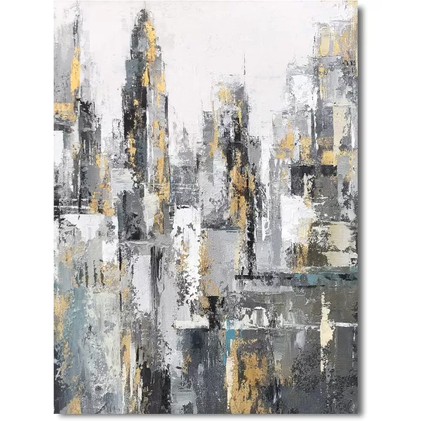 Yihui Arts Modern Abstract Chicago City Canvas Wall Art Painting with Gold Foil Hand Painted Skyline Pictures for Bedroom Decoration
