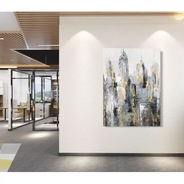 Yihui Arts Modern Abstract Chicago City Canvas Wall Art Painting with Gold Foil Hand Painted Skyline Pictures for Bedroom Decoration