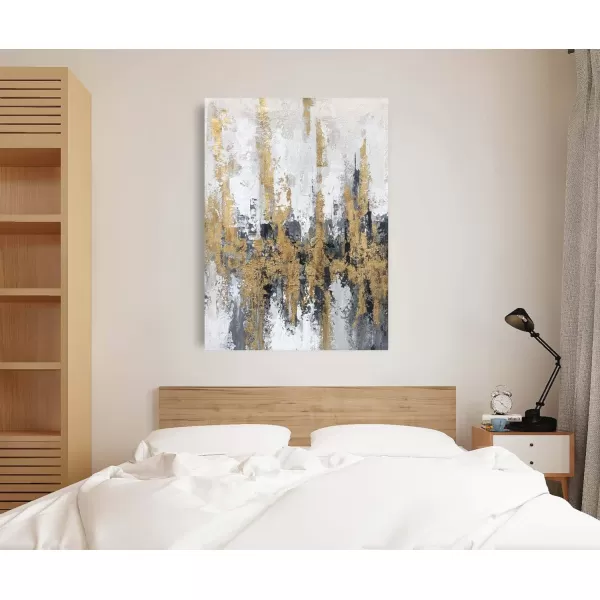 Yihui Arts Modern Abstract Chicago City Canvas Wall Art Painting with Gold Foil Hand Painted Skyline Pictures for Bedroom Decoration