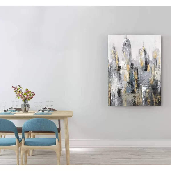 Yihui Arts Modern Abstract Chicago City Canvas Wall Art Painting with Gold Foil Hand Painted Skyline Pictures for Bedroom Decoration