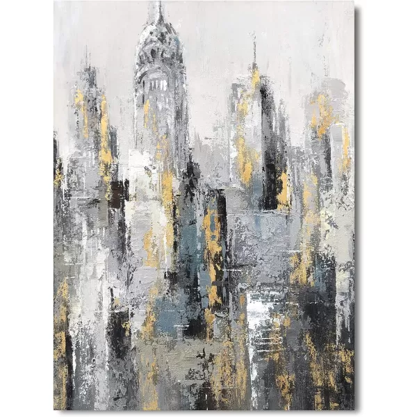 Yihui Arts Modern Abstract Chicago City Canvas Wall Art Painting with Gold Foil Hand Painted Skyline Pictures for Bedroom Decoration