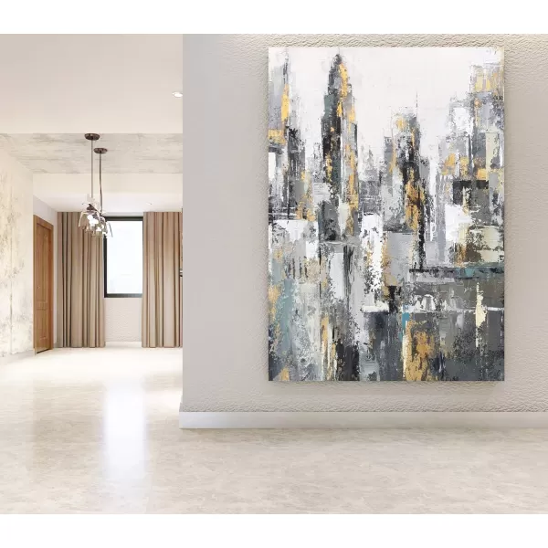 Yihui Arts Modern Abstract Chicago City Canvas Wall Art Painting with Gold Foil Hand Painted Skyline Pictures for Bedroom Decoration