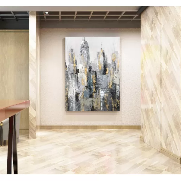 Yihui Arts Modern Abstract Chicago City Canvas Wall Art Painting with Gold Foil Hand Painted Skyline Pictures for Bedroom Decoration