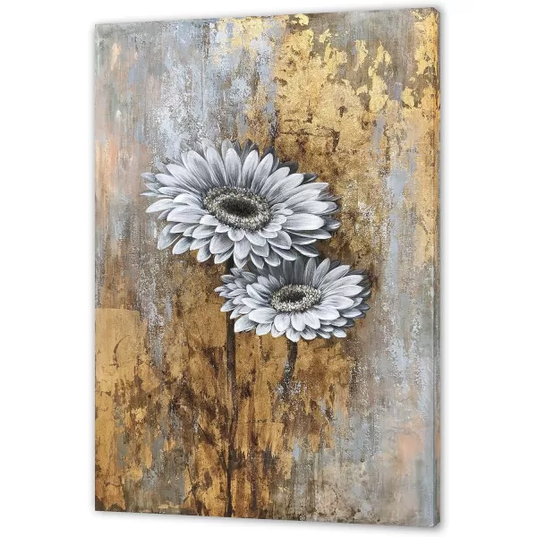 Yihui Arts Wild Sunflower Wall Art Framed Painting Pictures With Gold Foil For Farmhouse Living Room Decoration
