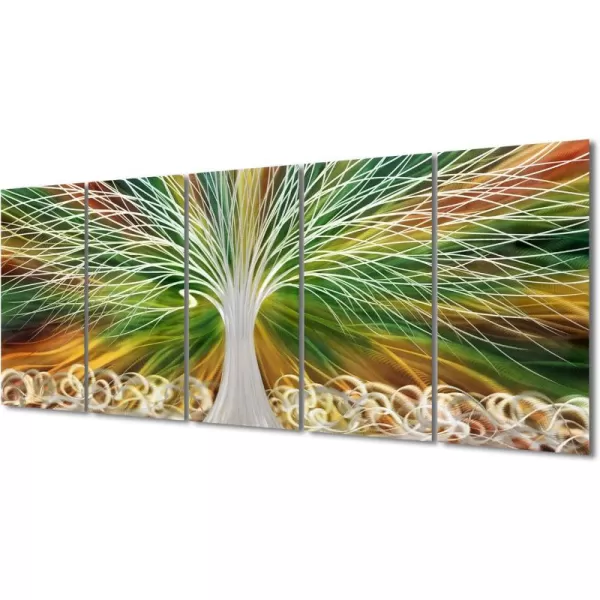 Yihui Arts 3D Silver Tree Metal Wall Art Hand Grind on Aluminum Brown Rustic Pictures in 5 Panel Modern Artwork for Living Room Bedroom Decoration 