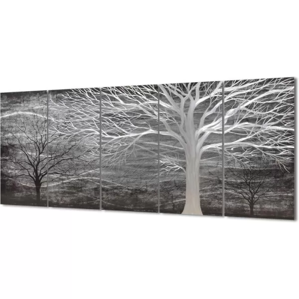Yihui Arts 3D Silver Tree Metal Wall Art Hand Grind on Aluminum Brown Rustic Pictures in 5 Panel Modern Artwork for Living Room Bedroom Decoration 