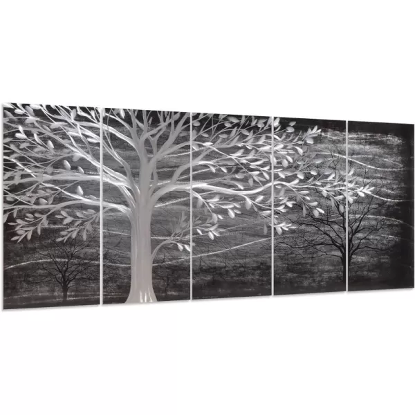 Yihui Arts 3D Silver Tree Metal Wall Art Hand Grind on Aluminum Brown Rustic Pictures in 5 Panel Modern Artwork for Living Room Bedroom Decoration 