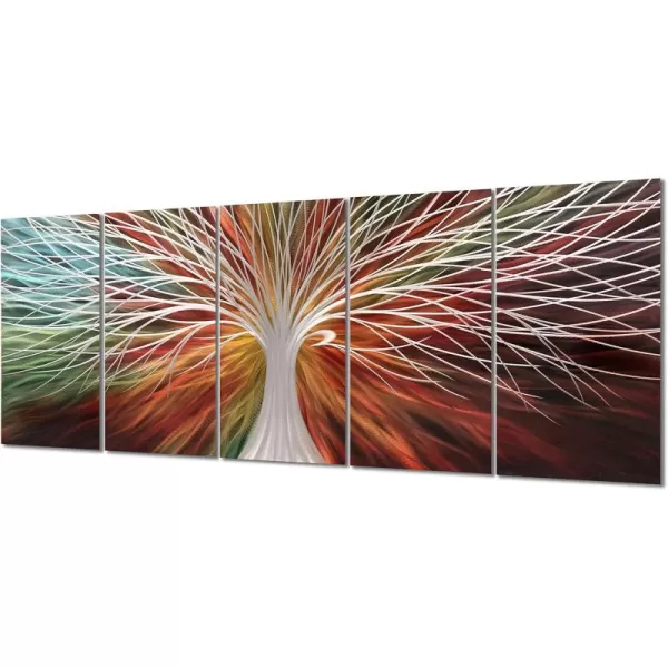 Yihui Arts 3D Silver Tree Metal Wall Art Hand Grind on Aluminum Brown Rustic Pictures in 5 Panel Modern Artwork for Living Room Bedroom Decoration 