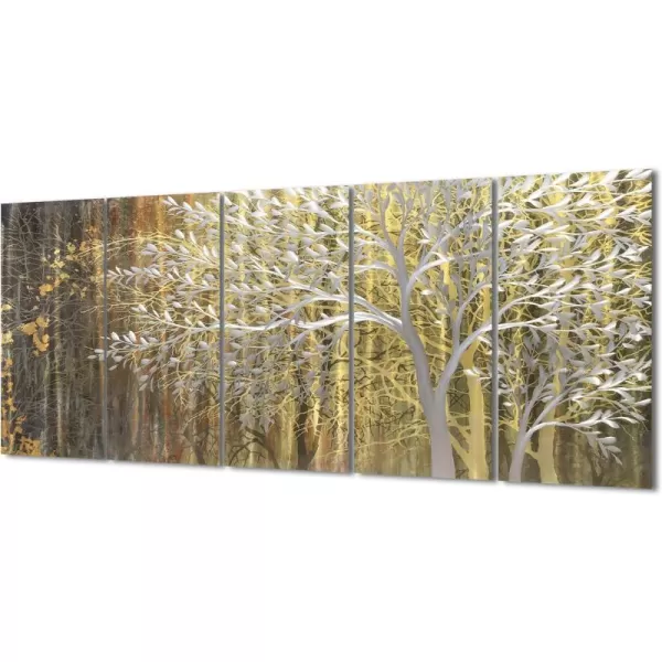 Yihui Arts 3D Silver Tree Metal Wall Art Hand Grind on Aluminum Brown Rustic Pictures in 5 Panel Modern Artwork for Living Room Bedroom Decoration 