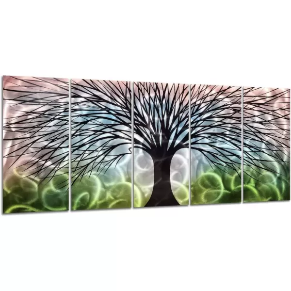 Yihui Arts 3D Silver Tree Metal Wall Art Hand Grind on Aluminum Brown Rustic Pictures in 5 Panel Modern Artwork for Living Room Bedroom Decoration 