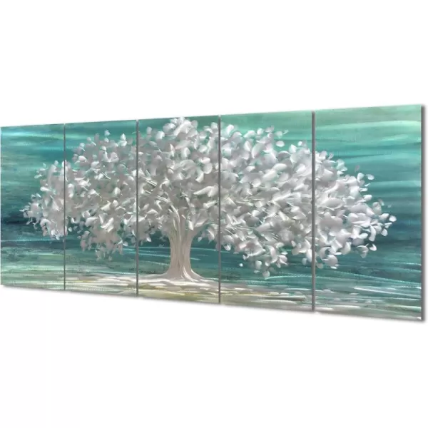 Yihui Arts 3D Silver Tree Metal Wall Art Hand Grind on Aluminum Brown Rustic Pictures in 5 Panel Modern Artwork for Living Room Bedroom Decoration 