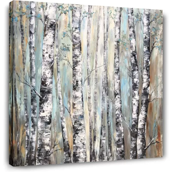 Yihui Arts Birch Tree Canvas Wall Art Hand Painted Modern Elegant Forest Pictures Blue Artwork for Living Room Bedroom Decoration 