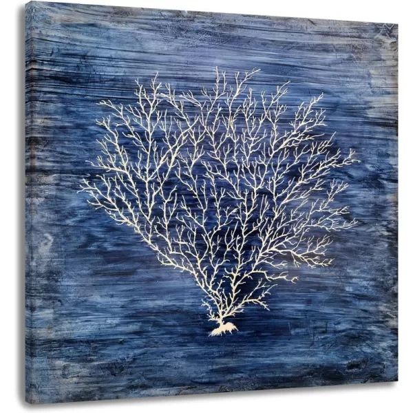 Yihui Arts Coastal Wall Art Hand Painted Navy Blue and White Tree Pictures Modern Abstract Canvas Artwork for Living Room Bedroom Dinning Decoration