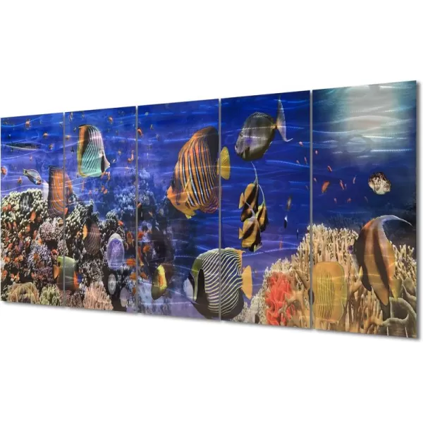 Yihui Arts Handcrafted Colorful Fish Metal Wall Art, Large Metal Wall Art in Modern Ocean Design, 3D Wall Art for Modern and Contemporary Decor, 5-Panels, Metal Wall Decor Works