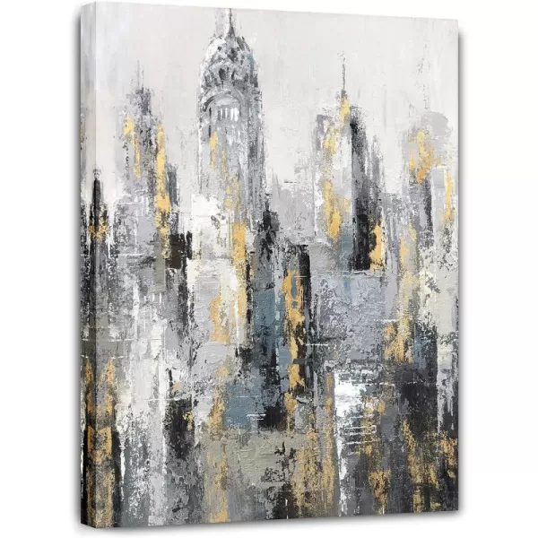 Yihui Arts Modern Abstract Chicago City Canvas Wall Art Painting with Gold Foil Hand Painted Skyline Pictures for Bedroom Decoration