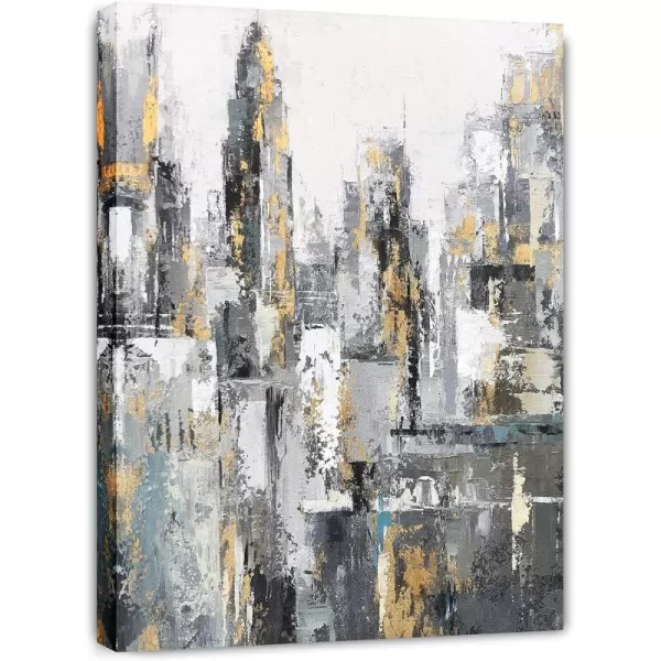 Yihui Arts Modern Abstract Chicago City Canvas Wall Art Painting with Gold Foil Hand Painted Skyline Pictures for Bedroom Decoration