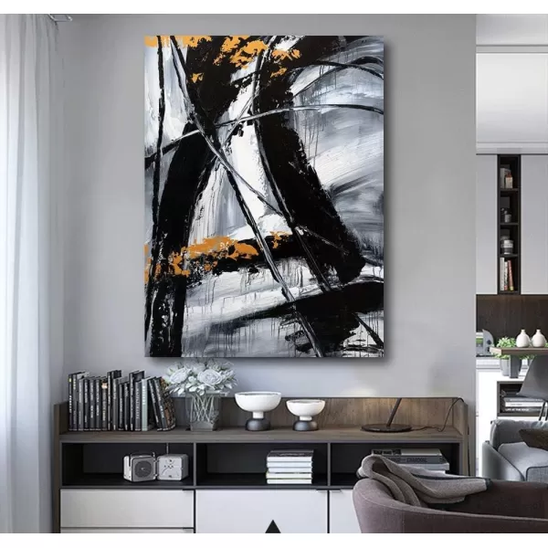 Yihui Arts Modern Abstract Canvas Wall Art Decor Grey White Gold Foil Paining Pictures With Sand Heavy Textures Artwork For Living Room Decoration
