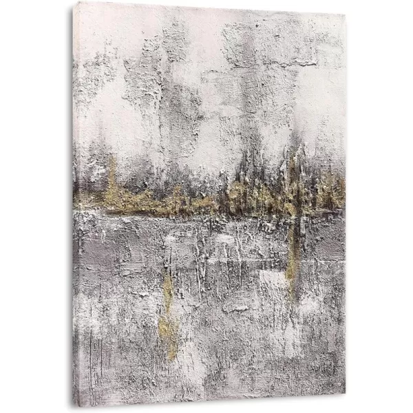 Yihui Arts Modern Abstract Canvas Wall Art Decor Grey White Gold Foil Paining Pictures With Sand Heavy Textures Artwork For Living Room Decoration