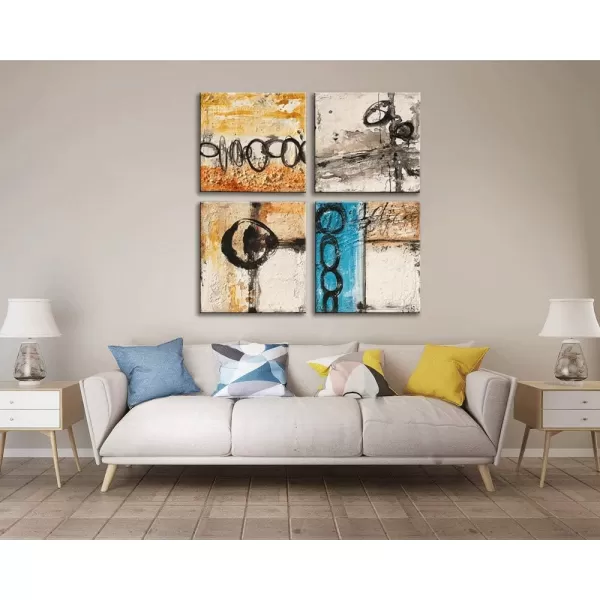 Yihui Arts 4 Panel Abstract Oil Painting - Hand Painted Canvas Wall Art Pictures for Living Room Bedroom Bathroom Decoration