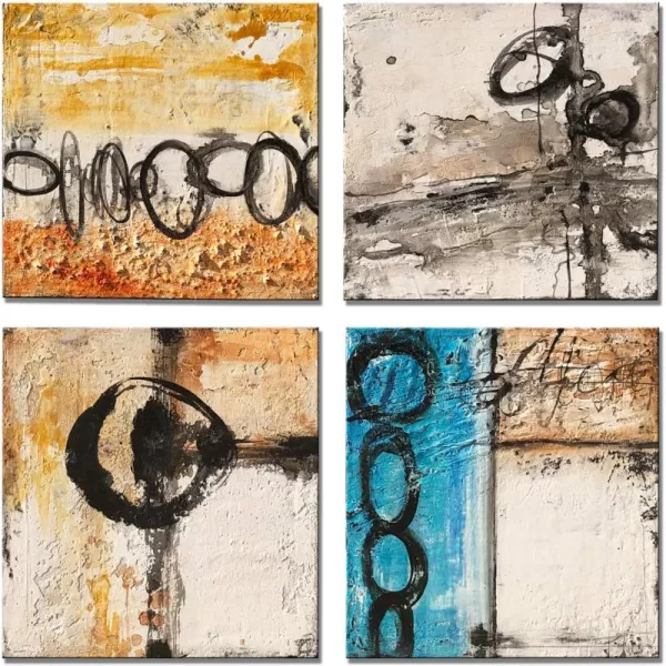 Yihui Arts 4 Panel Abstract Oil Painting - Hand Painted Canvas Wall Art Pictures for Living Room Bedroom Bathroom Decoration