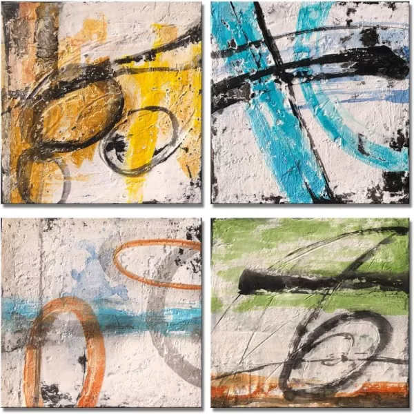 Yihui Arts 4 Panel Abstract Oil Painting - Hand Painted Canvas Wall Art Pictures for Living Room Bedroom Bathroom Decoration