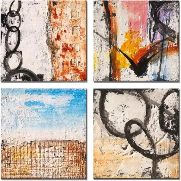Yihui Arts 4 Panel Abstract Oil Painting - Hand Painted Canvas Wall Art Pictures for Living Room Bedroom Bathroom Decoration