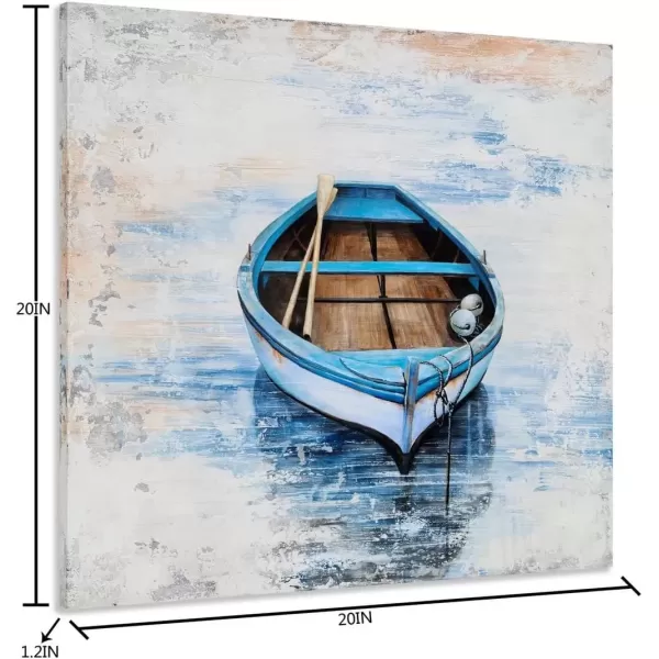 imageYihui Arts Blue Boat Canvas Wall Art  Abstract Ocean Painting with Textured  Rustic Beach Picture  Square Seascape Artwork for Living Room Bedroom Bathroom DecorBlue Boat