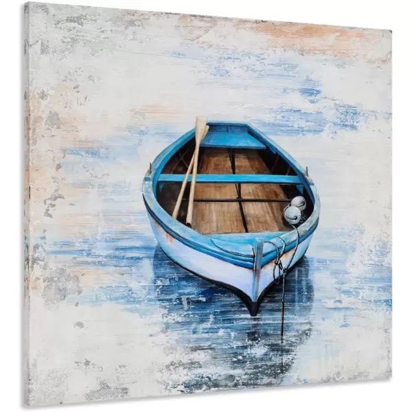 imageYihui Arts Blue Boat Canvas Wall Art  Abstract Ocean Painting with Textured  Rustic Beach Picture  Square Seascape Artwork for Living Room Bedroom Bathroom DecorBlue Boat