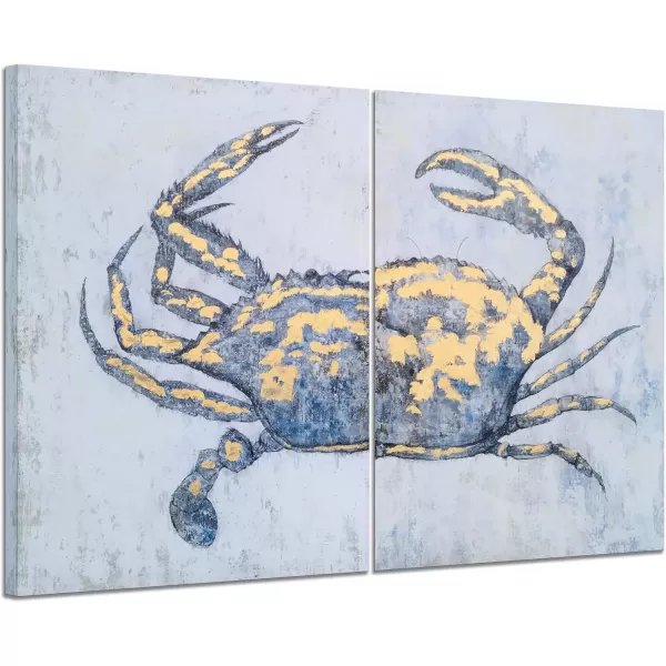 imageYihui Arts Coastal Canvas Wall Art Set Of Two Hand Painted Blue and White Crab Paintings Modern Abstract Animal Nautical Artwork with Gold Foil for Living Room Bedroom Bathroom Nursery DecorCrab