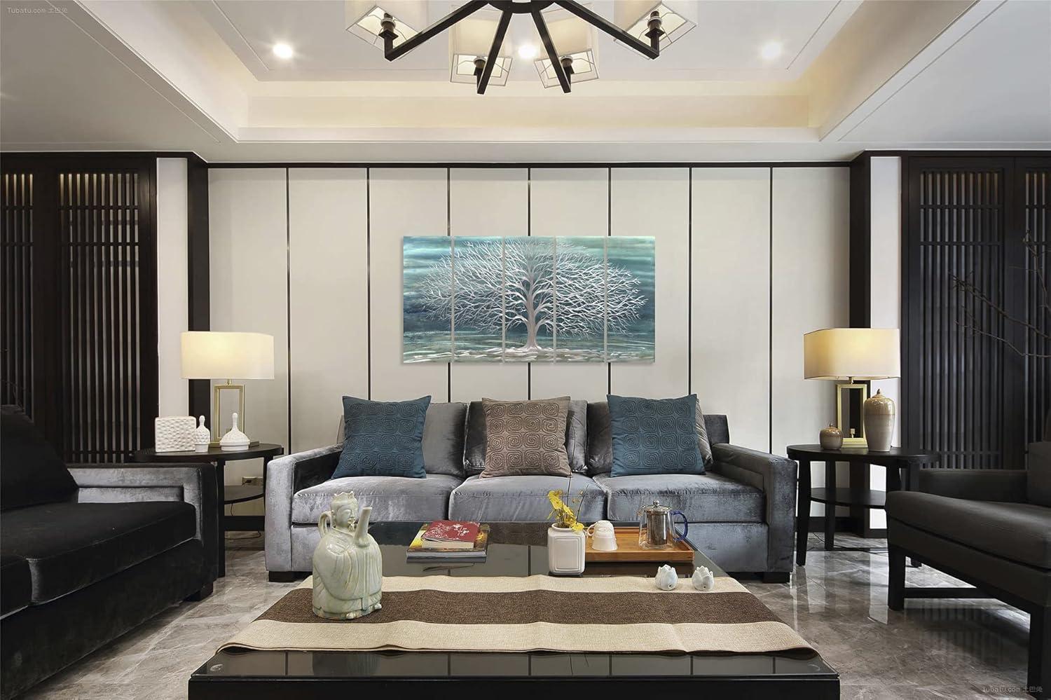 imageYihui Arts Tree Metal Wall Art For Living Room Black Grey Silver Color Pictuers For DecorTeal Tree
