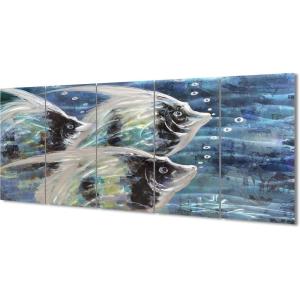 imageYihui Arts Metal Wall Art  Silver Sea Waves 3D Sculpture 5 Piece Hand Crafted Aluminum Coastal Artwork for Large Abstract Living Room Bedroom Bathroom Decor  BlueFish B