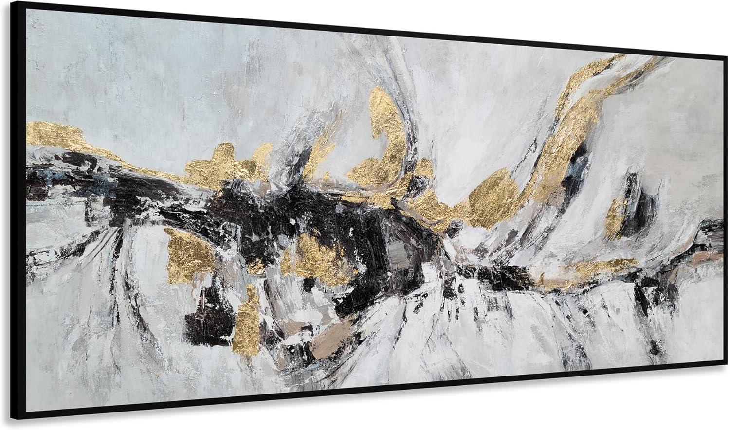 imageYihui Arts Contemporary Abstract Living Room Wall Art Hand Painted Modern Teal Color Canvas Painting Pictures for Bedroom Bathroom DecorBlack White Gold Art