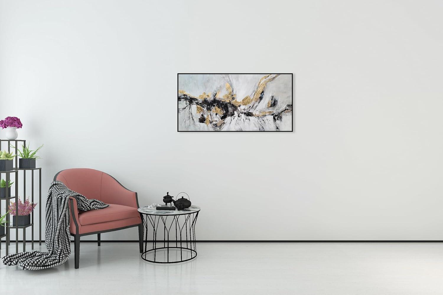 imageYihui Arts Contemporary Abstract Living Room Wall Art Hand Painted Modern Teal Color Canvas Painting Pictures for Bedroom Bathroom DecorBlack White Gold Art