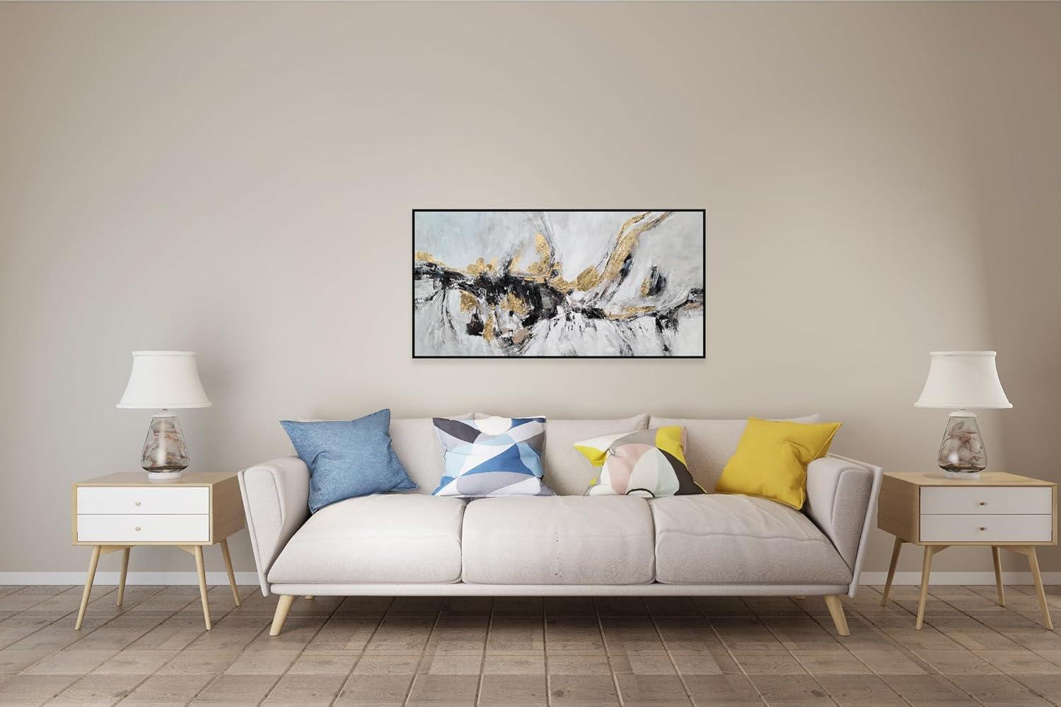 imageYihui Arts Contemporary Abstract Living Room Wall Art Hand Painted Modern Teal Color Canvas Painting Pictures for Bedroom Bathroom DecorBlack White Gold Art