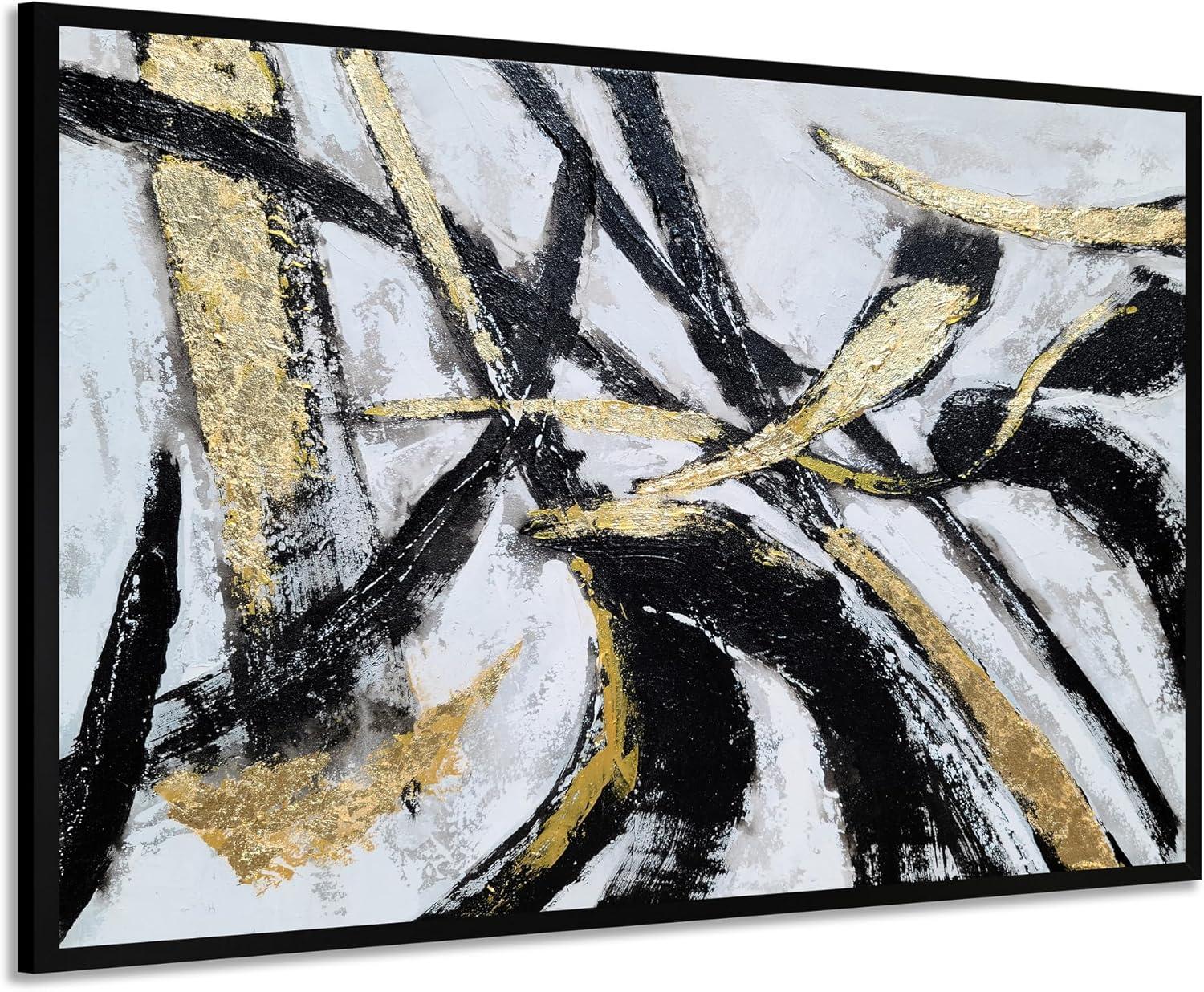 imageYihui Arts Contemporary Abstract Living Room Wall Art Hand Painted Modern Teal Color Canvas Painting Pictures for Bedroom Bathroom DecorFramed Black White Art