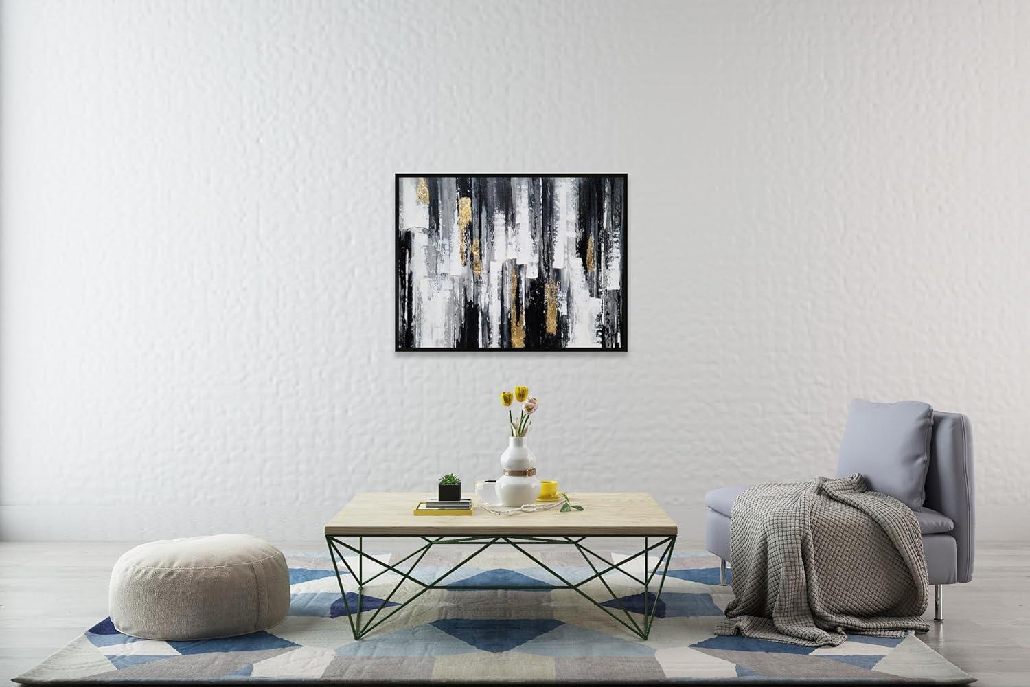 imageYihui Arts Contemporary Abstract Living Room Wall Art Hand Painted Modern Teal Color Canvas Painting Pictures for Bedroom Bathroom DecorFramed Black White Painting