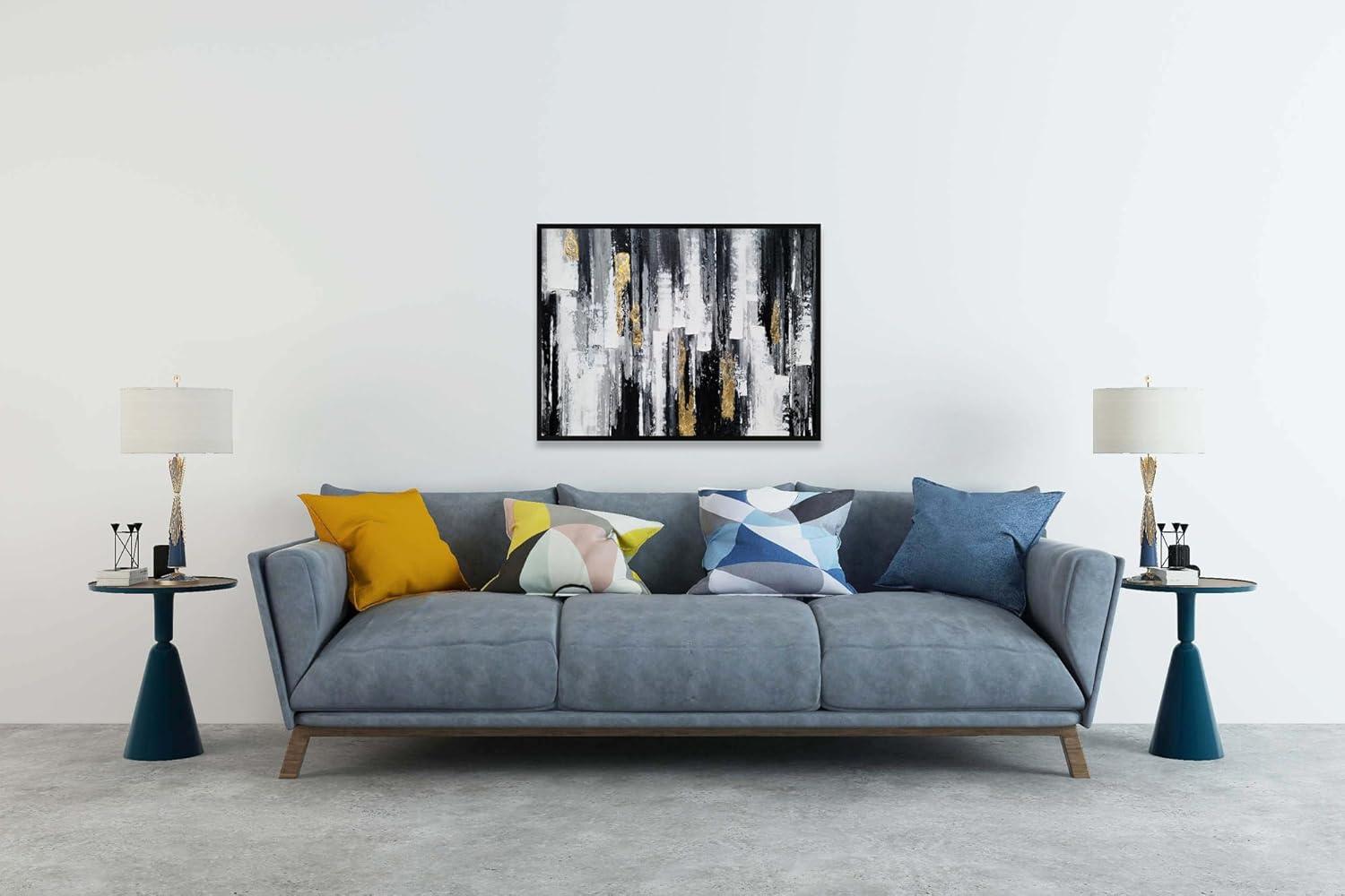 imageYihui Arts Contemporary Abstract Living Room Wall Art Hand Painted Modern Teal Color Canvas Painting Pictures for Bedroom Bathroom DecorFramed Black White Painting