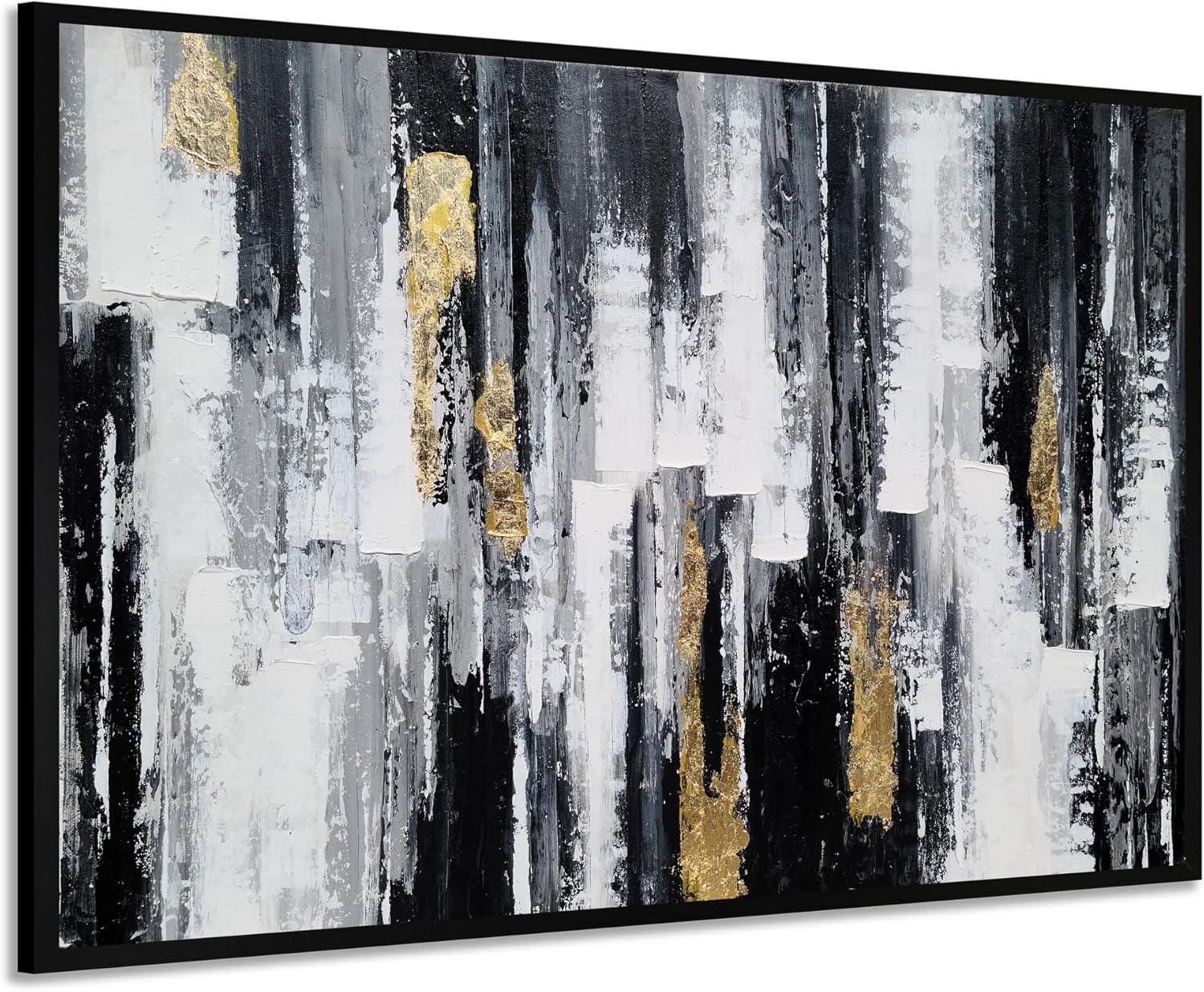 imageYihui Arts Contemporary Abstract Living Room Wall Art Hand Painted Modern Teal Color Canvas Painting Pictures for Bedroom Bathroom DecorFramed Black White Painting