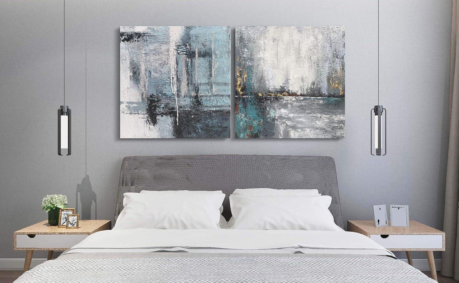 imageYihui Arts Contemporary Abstract Living Room Wall Art Hand Painted Modern Teal Color Canvas Painting Pictures for Bedroom Bathroom DecorSquare Arts