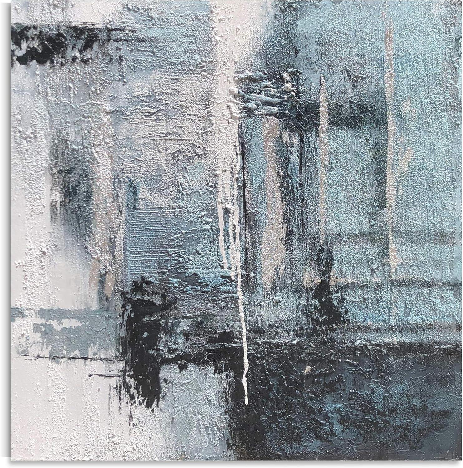 imageYihui Arts Contemporary Abstract Living Room Wall Art Hand Painted Modern Teal Color Canvas Painting Pictures for Bedroom Bathroom DecorSquare Arts