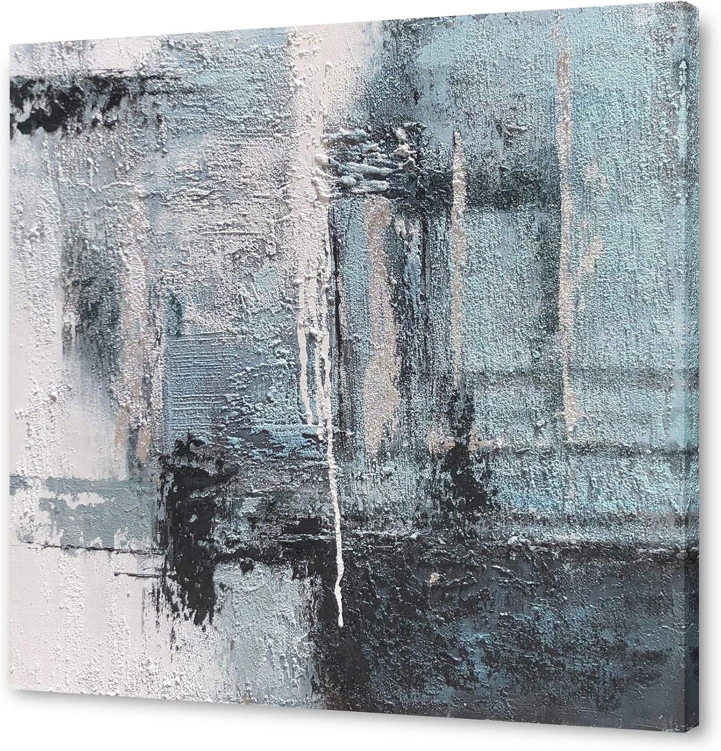imageYihui Arts Contemporary Abstract Living Room Wall Art Hand Painted Modern Teal Color Canvas Painting Pictures for Bedroom Bathroom DecorSquare Arts